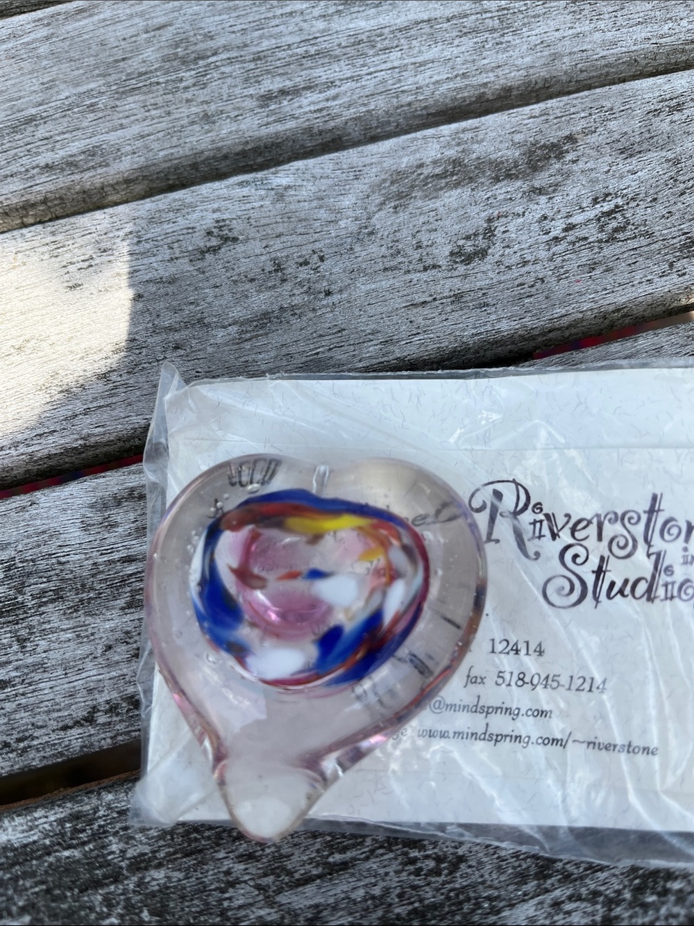 Pink Glass Heart Paperweight with Multicolor Swirl